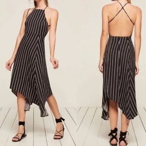Reformation Waverly Black Striped Handkerchief Open Back Dress